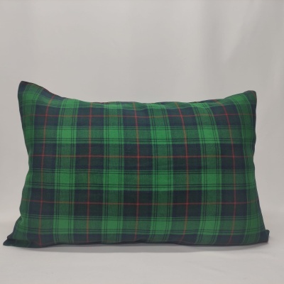 Travesseiro de padrão xadrez verde e preto sobre fundo branco