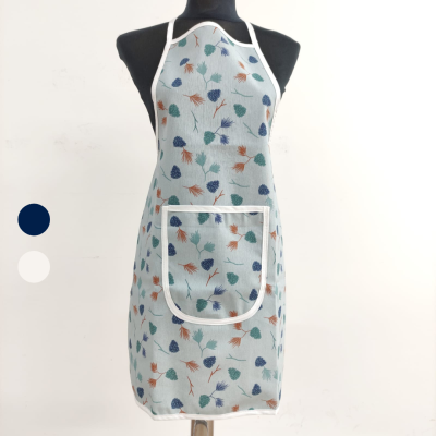 Avental de algodão floral azul e laranja com bolso branco