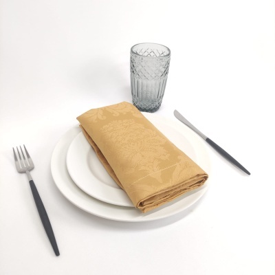 Conjunto de pratos, talheres, guardanapo e copo sobre superfície branca