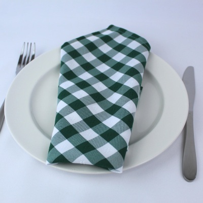 Prato branco com guardanapo verde e branco xadrez e talheres metálicos