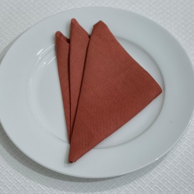 Prato branco com guardanapo terracota dobrado sobre toalha branca