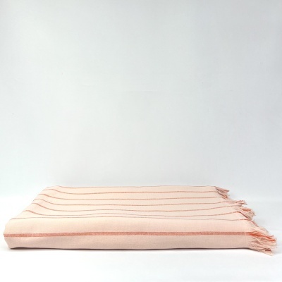 Manta rosa claro com riscas e franjas em fundo branco