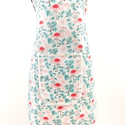 Avental com padrão de flamingos rosa, flores e folhas verdes, bolso frontal