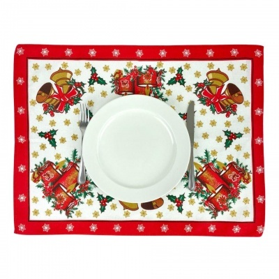 Guardanapo de mesa natalício com sinos, laços e azevinho