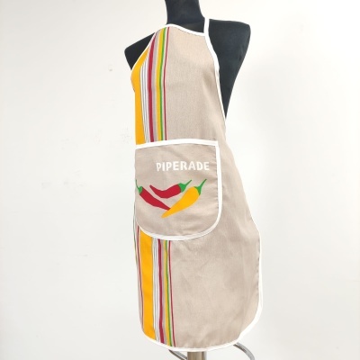 Avental de cozinha bege com riscas coloridas e bolso bordado PIPERADE