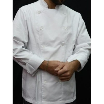 Blusão de chef branco com botões brancos e gola alta