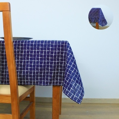 Toalha de mesa azul com padrão de quadrícula branca sobre mesa e cadeira de madeira