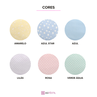 Seis círculos coloridos com padrões diferentes de tecido e nomes das cores em português.