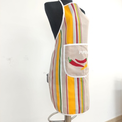 Avental riscas verticais coloridas com bolso bege e texto PIPERA