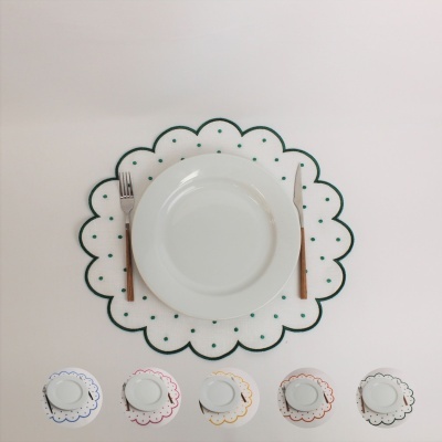 Conjunto de mesa com prato branco, sousplat scalloped verde com pontos verdes, garfo e faca com cabo de madeira.