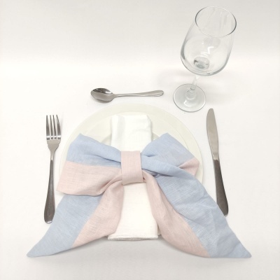 Talheres ao redor de prato com guardanapo decorado com laço azul e rosa e copo de vidro