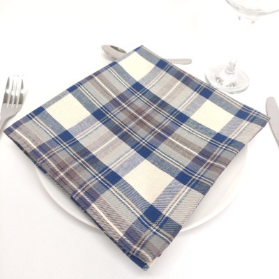 Guardanapo às riscas azul e branco sobre prato com talheres
