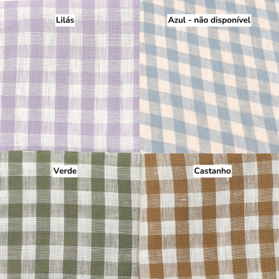 tecidos xadrez lilás, azul claro, verde e castanho com etiquetas de cor
