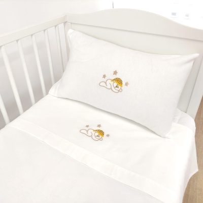 Conjunto de roupa de cama branca para berço com bordado de gato e estrelas