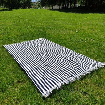 Manta ou toalha riscada azul e branca com franjas sobre relva verde