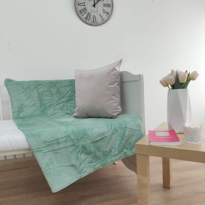 Cobertor verde claro sobre sofá branco com almofada rosa claro junto a mesa com flores e relógio na parede