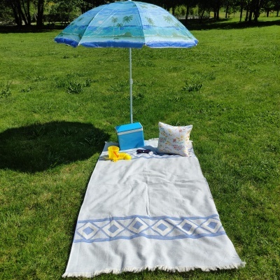 Esteira branca com padrão azul ao ar livre com almofada, toalha, caixa e guarda-sol azul.