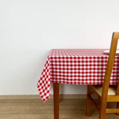 Mesa de madeira com toalha de mesa xadrez vermelho e branco e cadeira de madeira