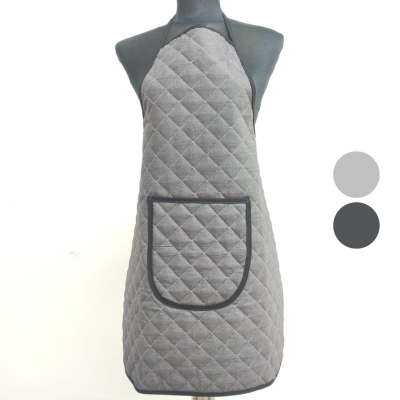 Avental cinzento acolchoado com bolso frontal e padrão de losangos