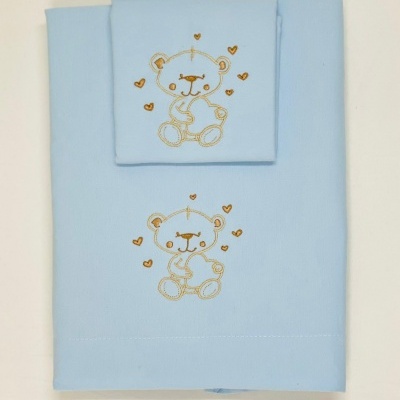 Lençóis azuis com ursinho bordado dourado para bebé
