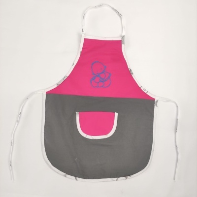 Avental de cozinha rosa e cinzento com bolso e ilustração azul