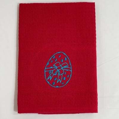 Toalha de cozinha vermelha com bordado azul de ovo de Páscoa