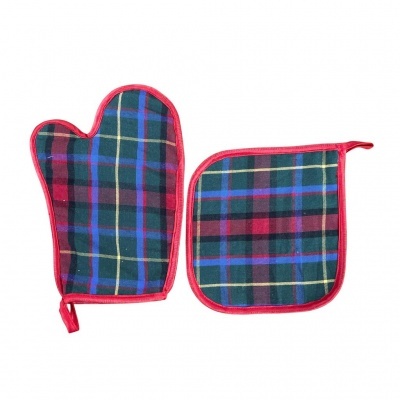 luva e pega de cozinha xadrez em várias cores com borda vermelha