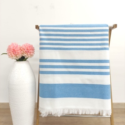 Manta azul e branca riscada pendurada em estrutura de madeira ao lado de vaso branco com flores cor-de-rosa