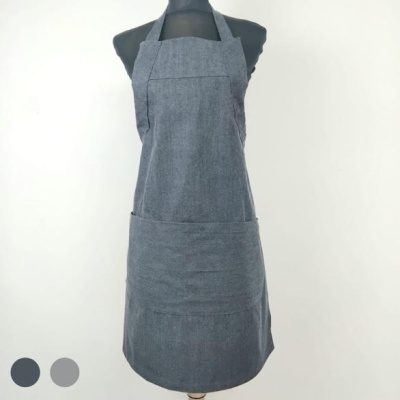 Avental cinzento com bolso frontal e tiras para amarrar