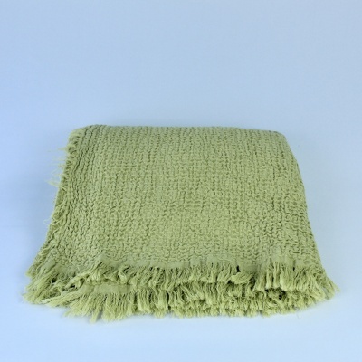 Manta verde clara com franjas sobre fundo azul claro