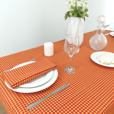 Toalha de mesa xadrez vermelho amarelo, prato branco, copo de vidro, faca, vela, jarro e vaso com flores em fundo branco