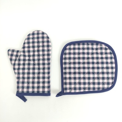 Conjunto de pegador de forno e suporte para panela azul e branco xadrez