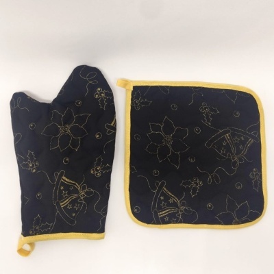 Conjunto de pegador de forno e luva azul escuro com estampado amarelo