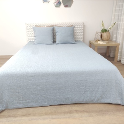 Cama de casal azul claro com almofadas, cabeceira branca, mesa de cabeceira e planta