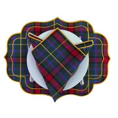 Conjunto de pega panela e toalhete de mesa xadrez azul, vermelho, verde e amarelo com bordas amarelas