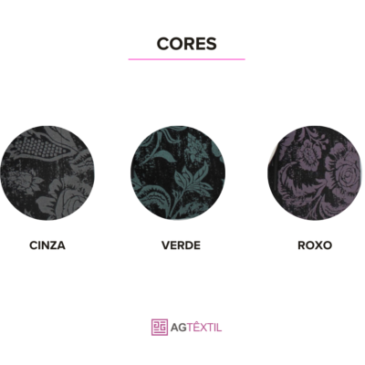 Três amostras de tecido floral nas cores cinza, verde e roxo com os respetivos nomes abaixo, e logótipo AGTÊXTIL
