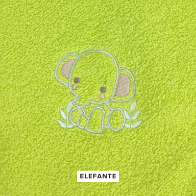 Toalha verde com bordado de elefante e texto ELEFANTE
