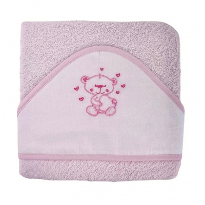 toalha de bebé rosa com bordado de ursinho no capuz