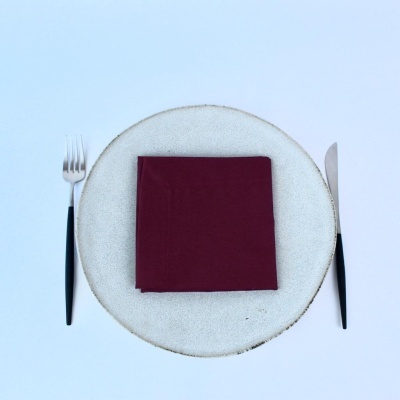 Talheres preto, prato branco e guardanapo vinho em fundo branco