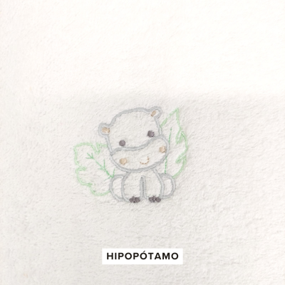 Toalha branca com bordado de hipopótamo cinza e detalhes verdes