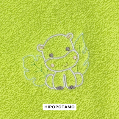 Toalha verde com bordado de hipopótamo e folhas, texto HIPOPÓTAMO