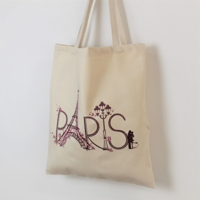 Saco de tecido bege com decoração de Paris em castanho