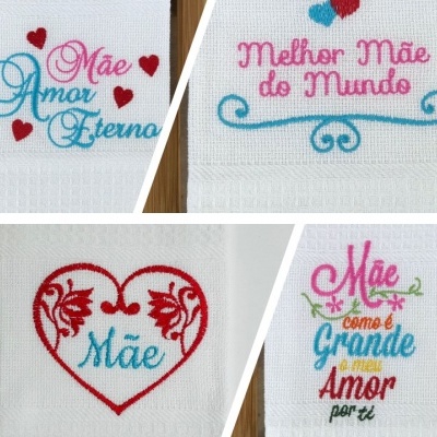 Toalhas brancas bordadas com mensagens amorosas para a mãe em várias cores