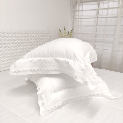 Duas almofadas brancas com fronhas bordadas em cama branca, ambiente interior com cortina translúcida