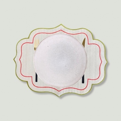 Jogo americano com padrão ondulado e ilustração de prato, faca e garfo