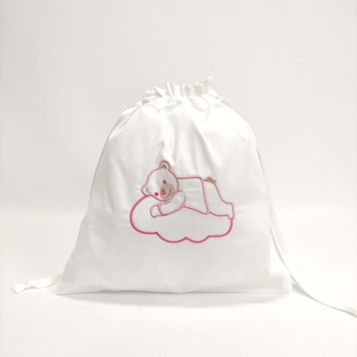 Saco tecido branco com bordado de urso rosa a dormir numa nuvem cor-de-rosa