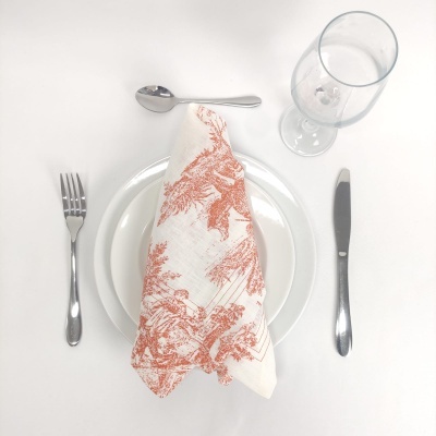 Conjunto de talheres com prato, guardanapo estampado e copo de vidro sobre superfície branca