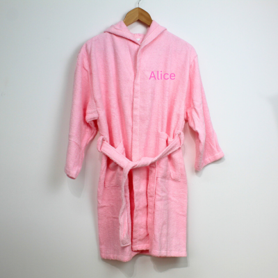 Roupão de banho rosa com capuz e nome Alice bordado