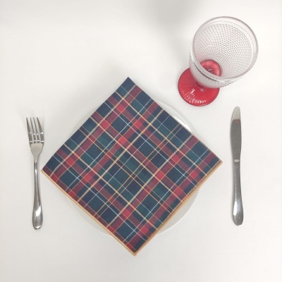 Conjunto para refeição com prato branco, guardanapo xadrez e talheres de inox