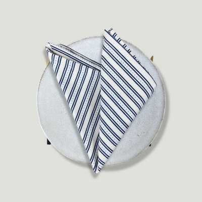 Prato branco com dois panos de prato às riscas azuis e brancas